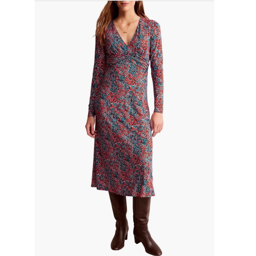 Boden Fiesta Orange Elodie Allover Print Long Sleeve Empire Waist Midi Dress 2